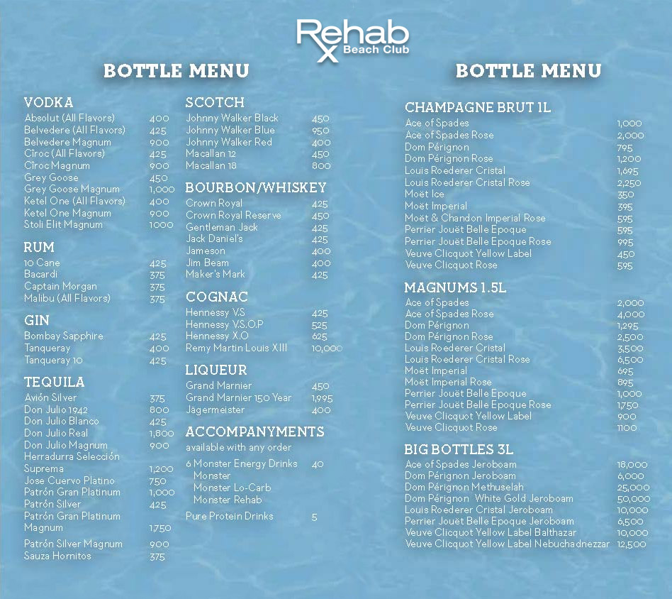 Rehab Beach Club Bottle Service Menu