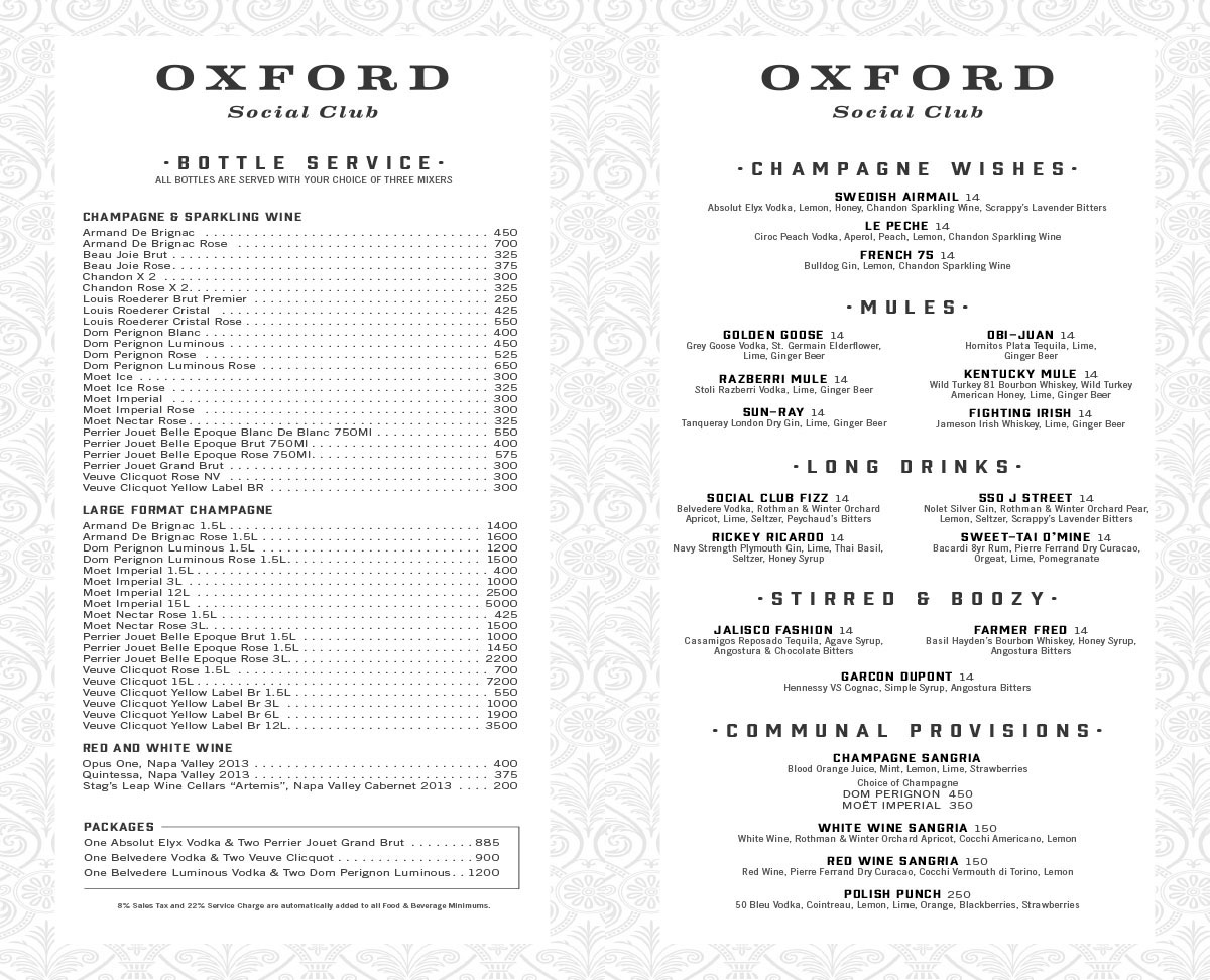 Oxford Social Club Bottle Pricing