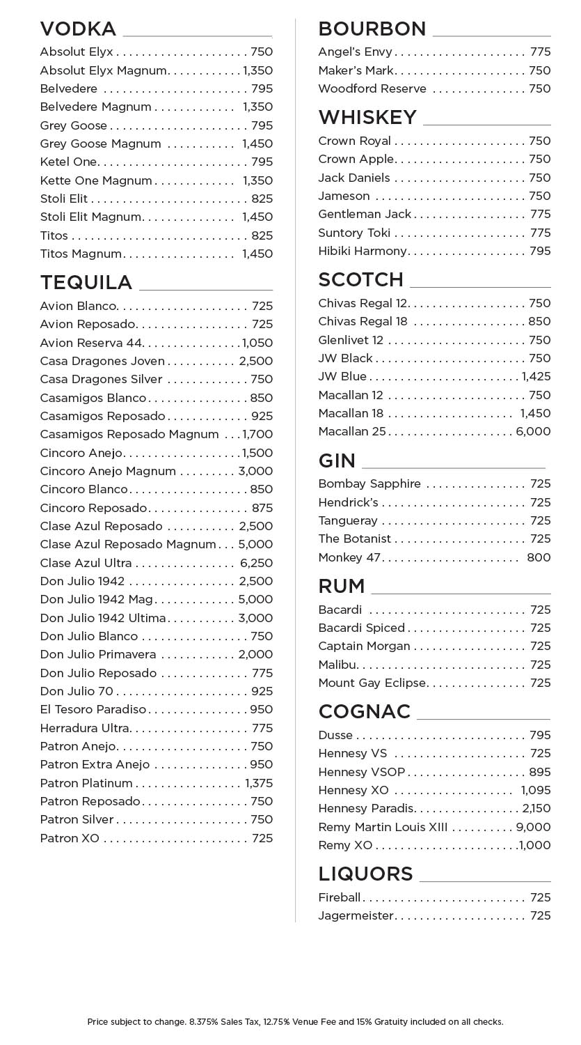 Zouk Nightclub Bottle Menu