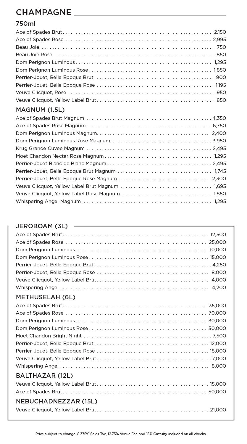 Zouk Nightclub Champagne Menu